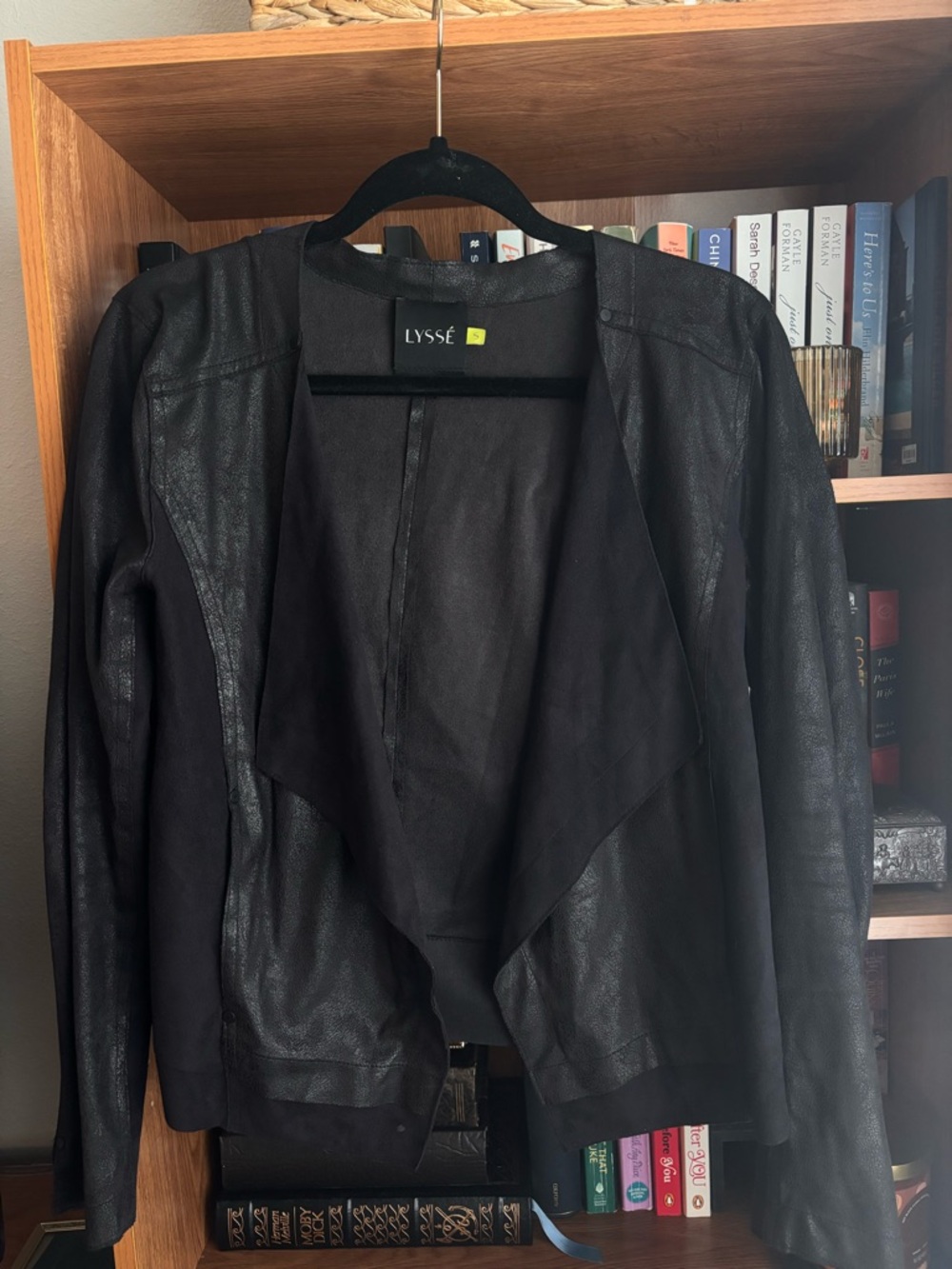 Lysse Black Draped Faux Leather Open-Front Jacket